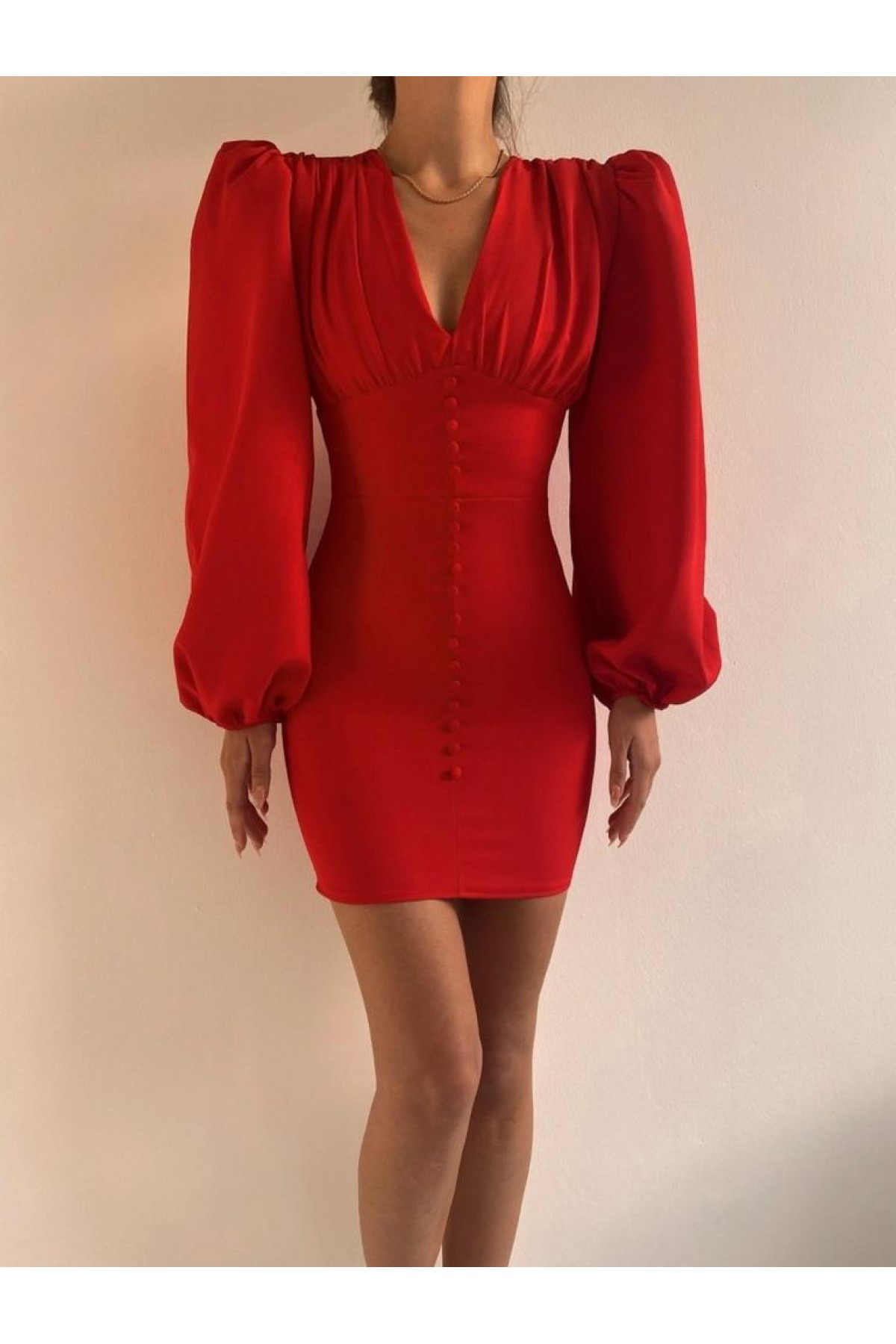 Omuz Detaylı Düğmeli Elbise - Kırmızı